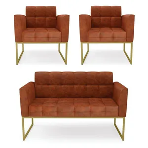 Kit 1 Sofá Namoradeira e 2 Poltronas Elisa Corano Base Metálica Industrial Dourado - D'Rossi Nozes
