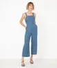 macacão jeans com bolsos alça média azul médio G