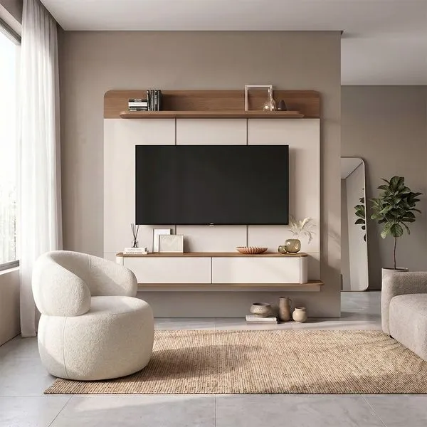 Conjunto Sala Home Concept com Painel para TV 70 Polegadas e Poltrona Eloah Boucle Off White Home Design Conjunto Sala Home Concept com Painel para TV 70 Polegadas e Poltrona Eloah Off White Home Design