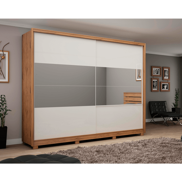 Guarda-Roupa Casal 100% MDF, 2 Portas, 7 Gavetas, Com Espelho, Pés - Gelius Apolo Madeira / Off White