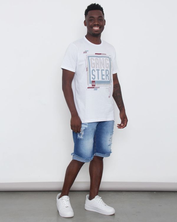 Bermuda Jeans Masculina Reta Destroyed Barra Dobrada Azul 46