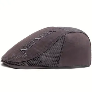 Boina Vintage Masculino Com Letras Bordado Ajustável Em Poliéster Respirável Cinza