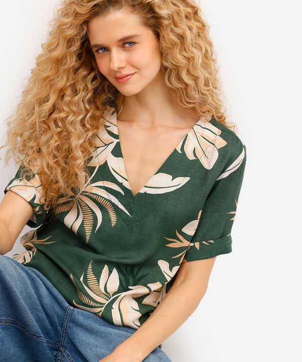 blusa feminina de viscose decote v folhagens verde G