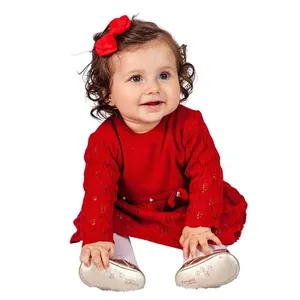 Vestido de Bebê Tricô Kids Com Bordado Vermelho P
