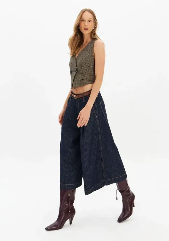 Calça Jeans Pantacourt Cintura Alta Com Cinto Azul 36