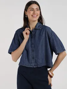 Camisa Jeans Cropped Feminina AZUL GG