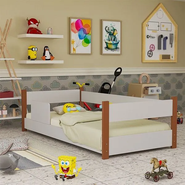 Cama Infantil Serena com Grade de Segurança Design Moderno Premium Branco e Nature Cama Infantil Serena com Grade de Segurança Branco e Nature