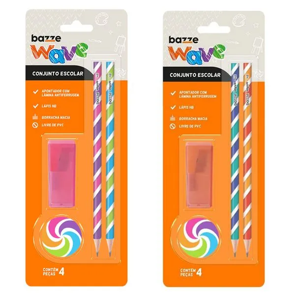 Kit Escolar Wave (2 Lápis/ 1 Apontador/ 1 Borracha) Sortido Cartela com 4 Peças 904553 - Bazze