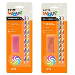 Kit Escolar Wave (2 Lápis/ 1 Apontador/ 1 Borracha) Sortido Cartela com 4 Peças 904553 - Bazze