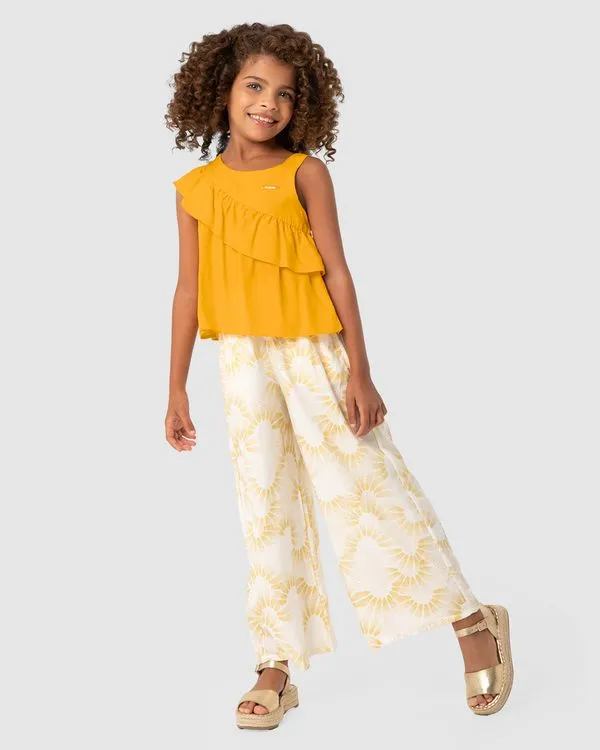Conjunto Menina Calça Estampada Em Viscose - Carinhoso Amarelo - 14
