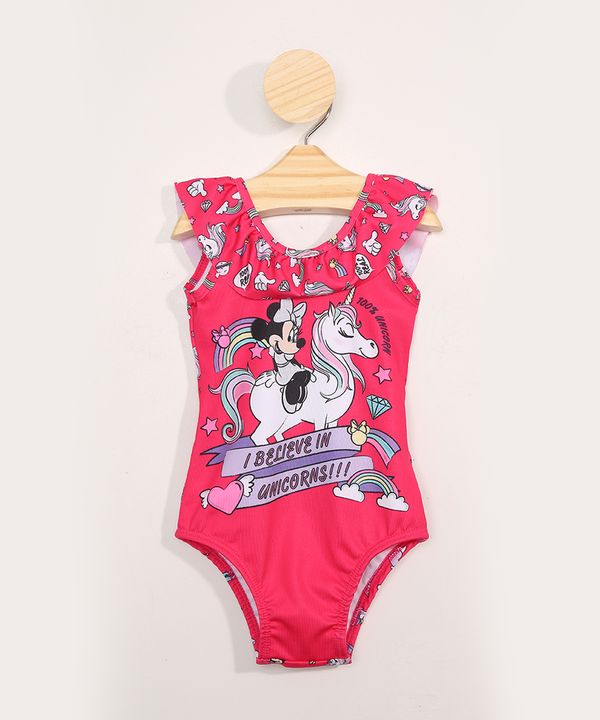 Maiô Infantil Minnie Estampado com Babados Proteção UV50+ Rosa 4