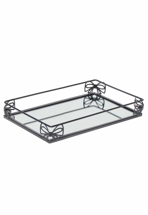 Bandeja Metal Com Espelho Decorativa Lavabo Banheiro 27x16cm Prata