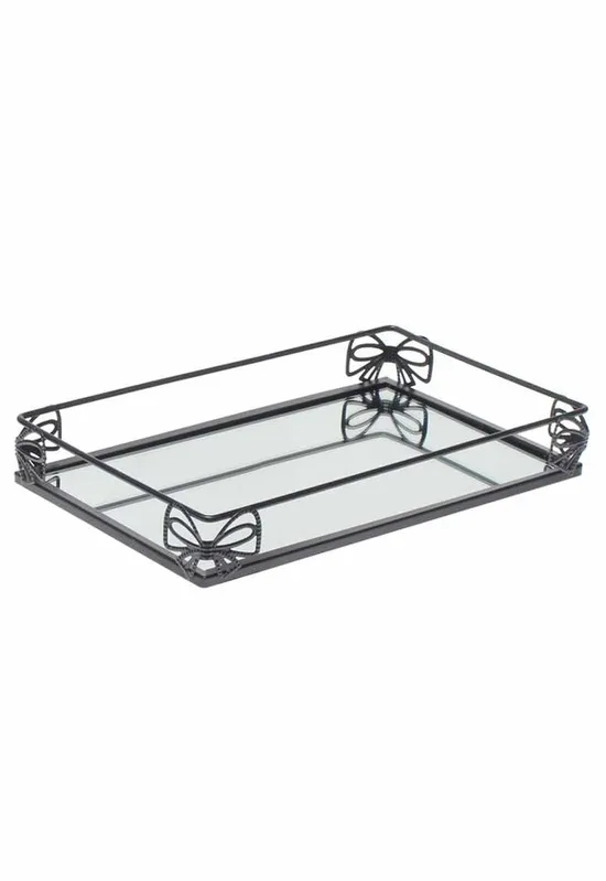 Bandeja Metal Com Espelho Decorativa Lavabo Banheiro 27x16cm Prata