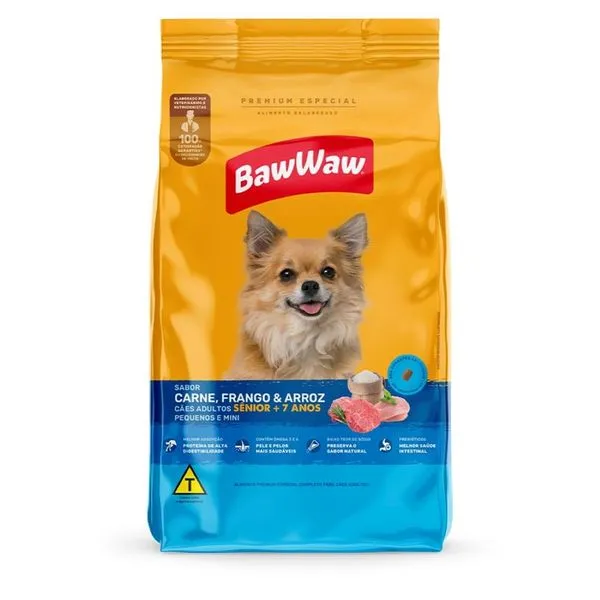 Ração Baw Waw Cães Sênior Raças Pequenas Carne, Frango e Arroz 900g