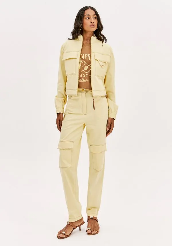 Calça Carrot Cintura Alta Com Bolsos Amarelo P