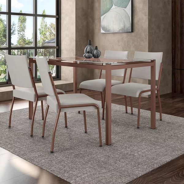 Mesa de Jantar Retangular Alexa com Tampo de Vidro de 140X80cm com 4 Cadeiras de Jantar Revestimento em Courino Fabone Incolor