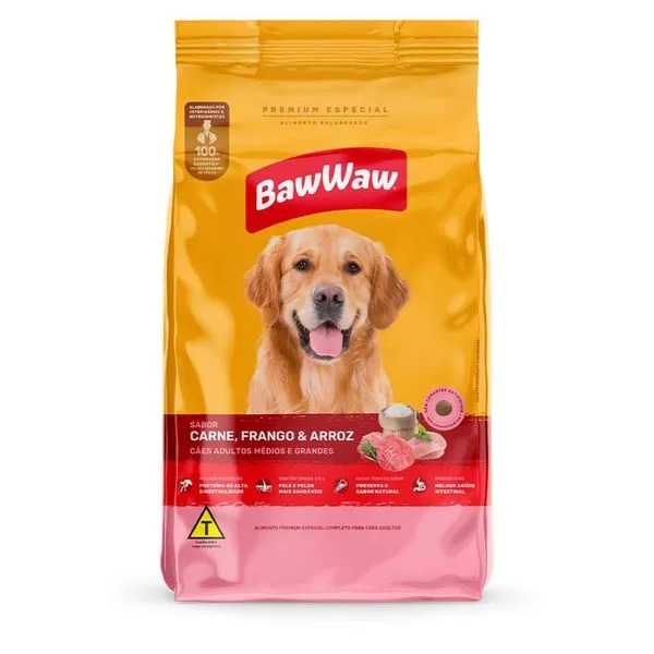 Ração Cão Baw Waw Adulto Carne, Arroz e Frango 5kg