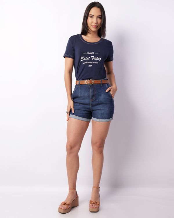 Short Jeans Feminino Curto Com Pregas Bolsos Barra Dobrada Azul 46