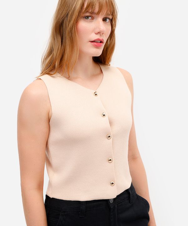 colete feminino de tricot com botões bege GG