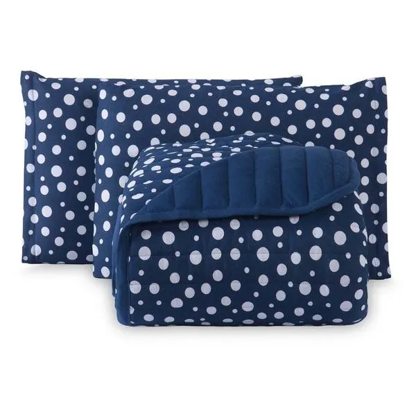 Kit Cobre Leito Colcha Polly King 3 Peças Malha 100% Algodão Estampa Bolinhas - Azul Marinho