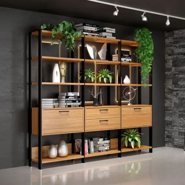 Estante E93JPF 2 Portas 2 Gavetas MDF 216cm Freijó e Preto Dalla Costa Móveis Estante E93JPF 2 Portas 2 Gavetas MDF 216cm Freijó e Preto