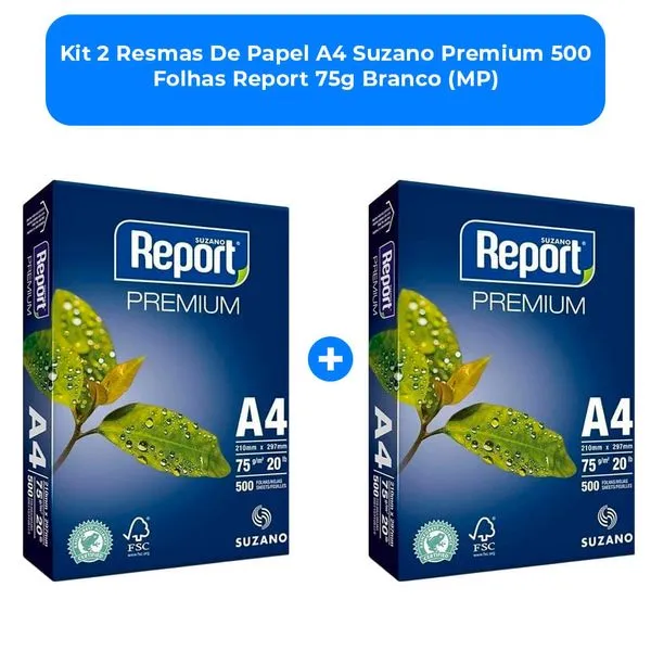 Kit 2 Resmas De Papel A4 Suzano Premium 500 Folhas Report 75g Branco (MP)