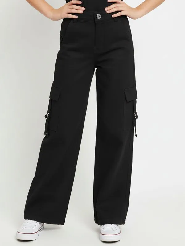 Calça Sarja Wide Leg Cargo Juvenil Para Menina- PRETO 14