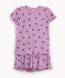 pijama infantil canelado corações manga curta lilás 12