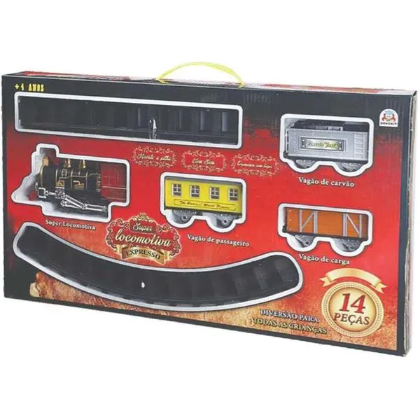 Kit Locomotiva de Brinquedo Super Locomotiva Expresso com Som e Farol 3 Vagões 10 Trilhos Braskit Locomotiva Brinquedo Super Expresso com Som Farol 3 Vagões Braskit