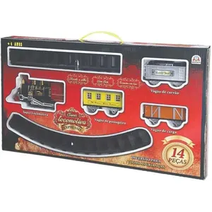 Kit Locomotiva de Brinquedo Super Locomotiva Expresso com Som e Farol 3 Vagões 10 Trilhos Braskit Locomotiva Brinquedo Super Expresso com Som Farol 3 Vagões Braskit