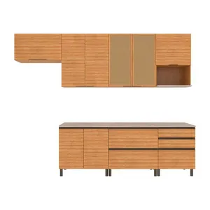 Cozinha Completa Bartira Cristal com 10 Portas, 5 Gavetas, 9 Prateleiras e Bancada Gourmet - 300cm de Largura Lâmina Mel