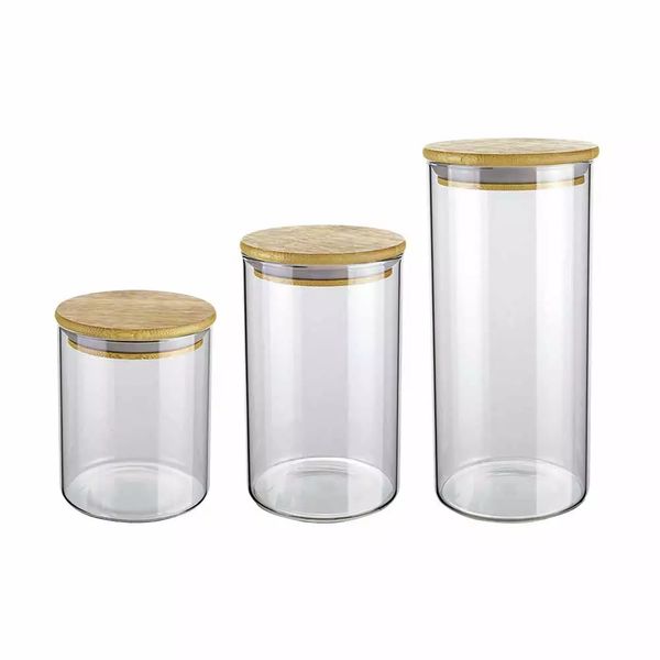 Conjunto de Potes Euro Slim de Vidro Redondo com Tampa de Bambu com 3 Peças