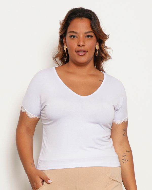 Blusa Feminina Viscose com Renda Manga Curta Gola V Branca GG