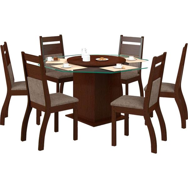 Mesa de Jantar 6 Cadeiras, Oitavada - Viero Móveis Bianca Chocolate / Canela