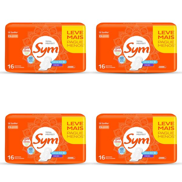 Kit c/4 Absorvente Sym Total Protect Cobertura Seca Com Abas 16 Unidades cada
