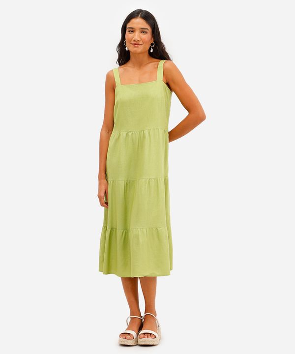 vestido midi feminino com linho e recortes verde GG