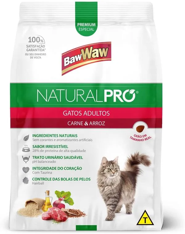 Ração Baw Waw Natural Pró Gato Adulto Carne e Arroz 500g