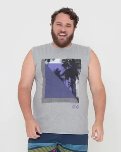 Regata Masculina Plus Size Estampa Tropical Cinza Claro G2