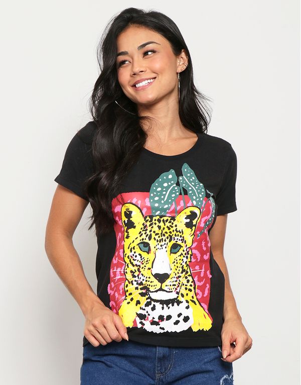 Camiseta Feminina Algodão com Estampa Onça Manga Curta Preta G