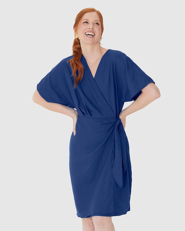 Vestido Feminino Transpassado Decote V Em Viscolinho Azul - M