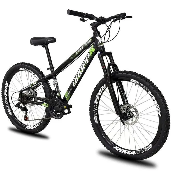 Bicicleta Aro 26 Dropp Freeride Alumínio 21m Freios A Disco Cãmbios Shimano - Preto e Verde