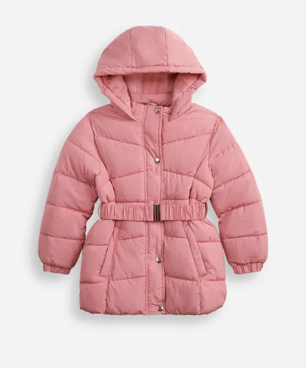 jaqueta puffer infantil alongada com faixa rosa 12