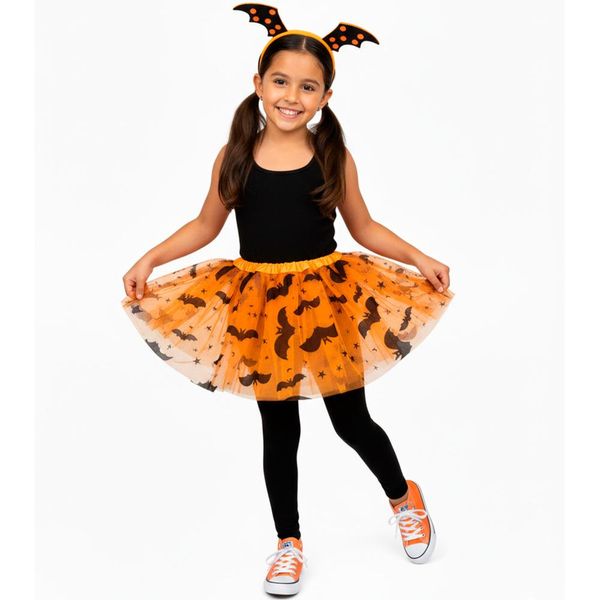 Fantasia Vampirina Infantil pra Menina de Halloween Kit Saia e Tiara Laranja
