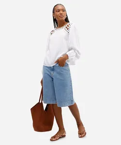 bermuda feminina jeans cintura alta azul 44