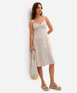 vestido midi feminino evasê com fenda e linho bege M