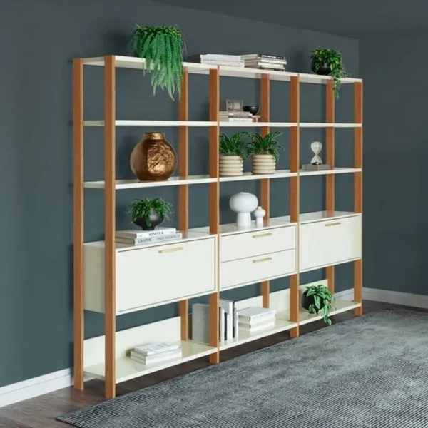 Estante E93WJG 2 Portas 2 Gavetas MDF 216CM Off White Freijó Dalla Costa Móveis Estante E93WJG 2 Portas 2 Gavetas MDF 216CM Off White Freijó