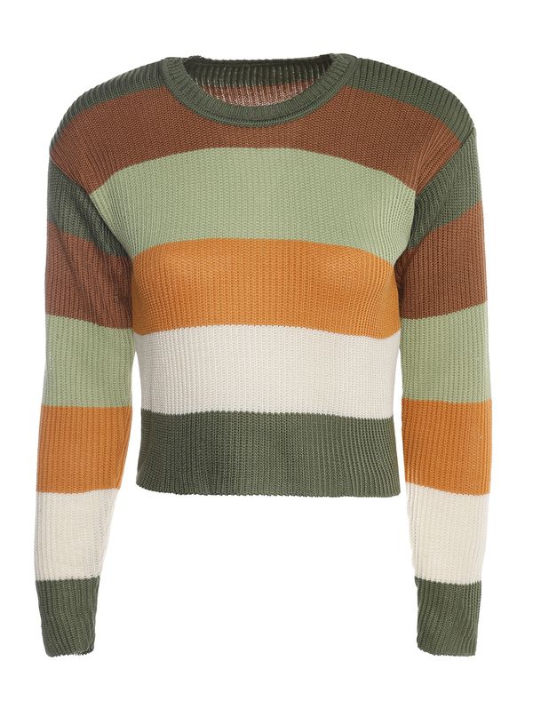 Blusão Tricot Cropped Listrado Feminino VERDE/AMARELO/CREME G