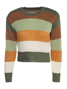 Blusão Tricot Cropped Listrado Feminino VERDE/AMARELO/CREME G
