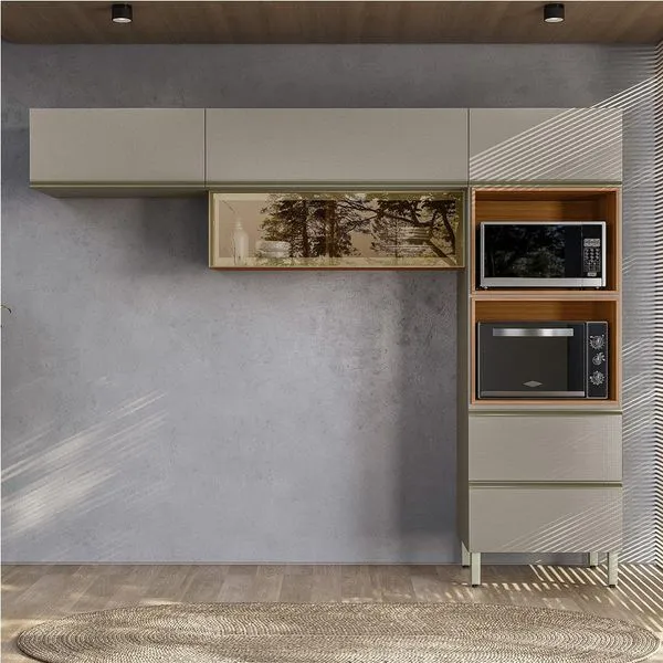 Armário de Cozinha Compacta com Vidro Reflecta Proença 5 Portas 1 Gaveta Nude e Nogueira