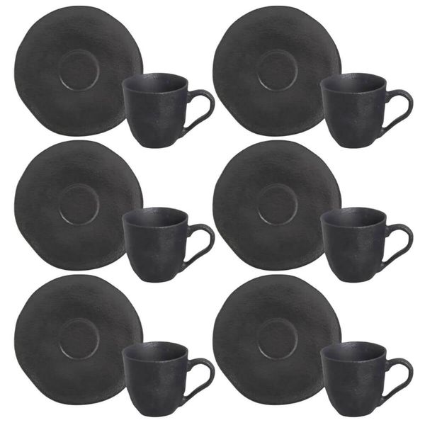 Jogo 6 Xícaras Café 120ml Com Pires Preto Matte Cerâmica Orgânico Porto Brasil